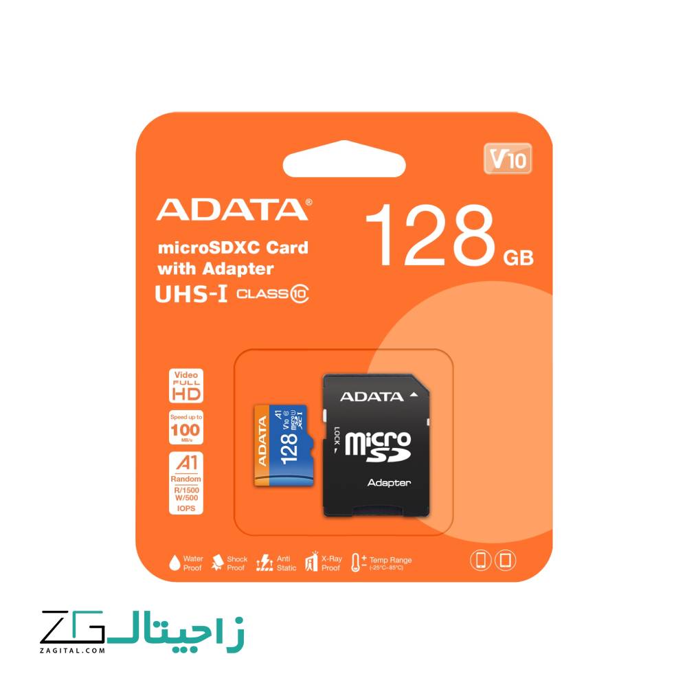 کارت حافظه 128 گیگابایت ای دیتا مدل  MICRO SDXC UHS-I V۱۰ R۱۰۰W۲۵ ADP ۱۲۸G