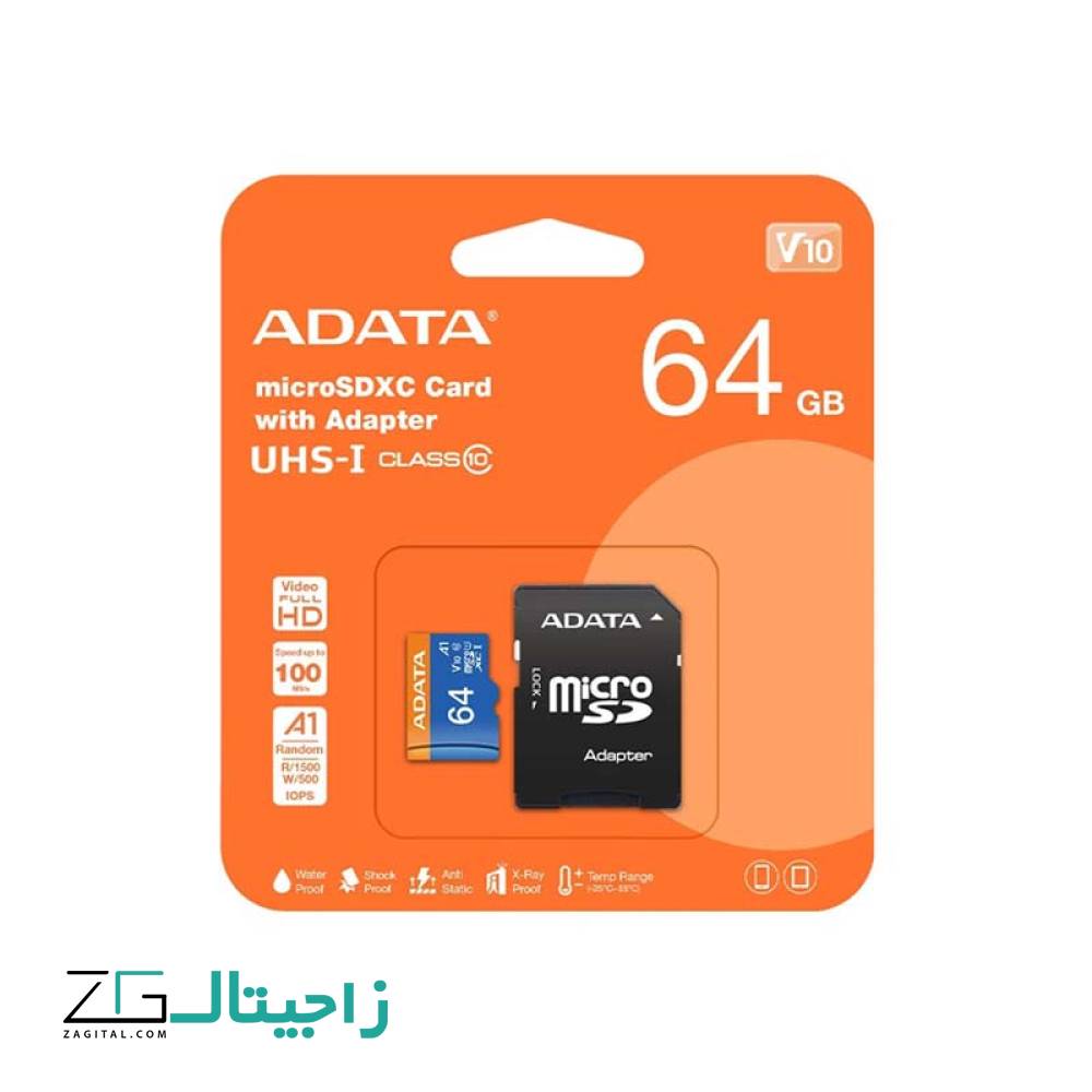 کارت حافظه 64 گیگ ای دیتا مدلMICRO SDXC UHS-I V۱۰ R100W۲۵+ADP